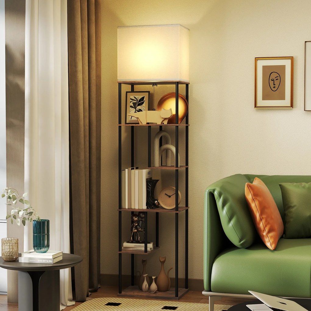 Candeeiro de pé com prateleiras 40 x 29 x 171 cm, candeeiro de pé para sala com regulador de intensidade, comando à distância, castanho rústico