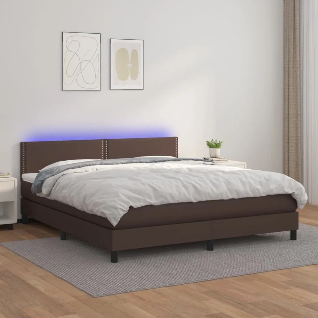 vidaXL Cama box spring c/ colchão/LED 160x200 cm couro artif. castanho