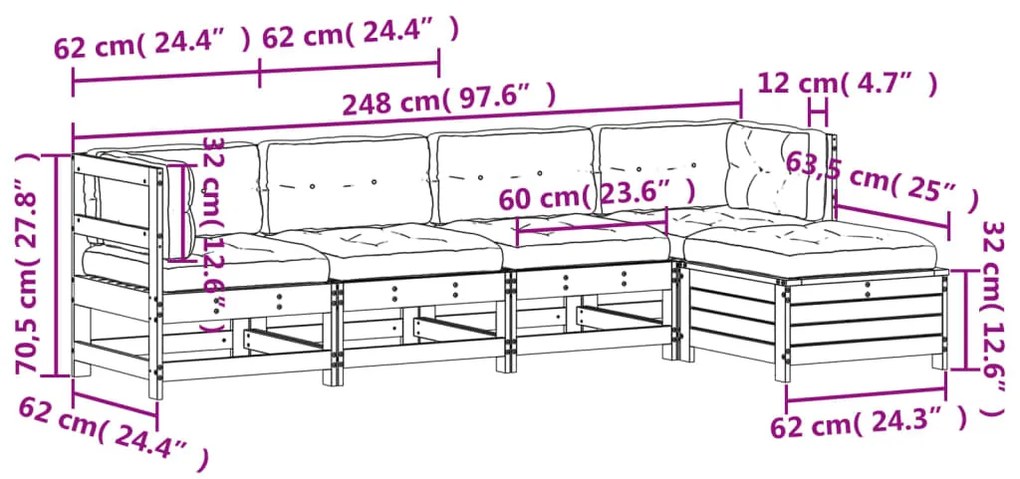 5 pcs conj. lounge jardim com almofadões madeira douglas maciça