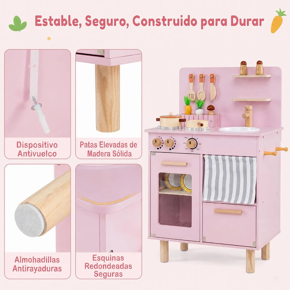 Cozinha de Brincar, 54 x 30,5 x 80,5 cm, com Acessórios Completos, Rosa