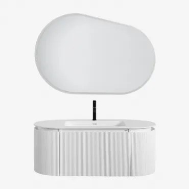 Conjunto De Móveis De Casa De Banho Em Madeira Com Lavatório Integrado Carsone Branco & Sem Unidade Auxiliar & Oval Led E Anti-embaciamento - Sklum
