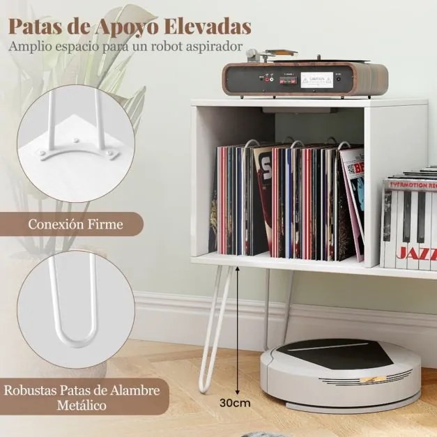 Móvel para gira-discos e discos de vinil com estação de carregamento 66 x 45 x 67 cm, Separador removível Branco