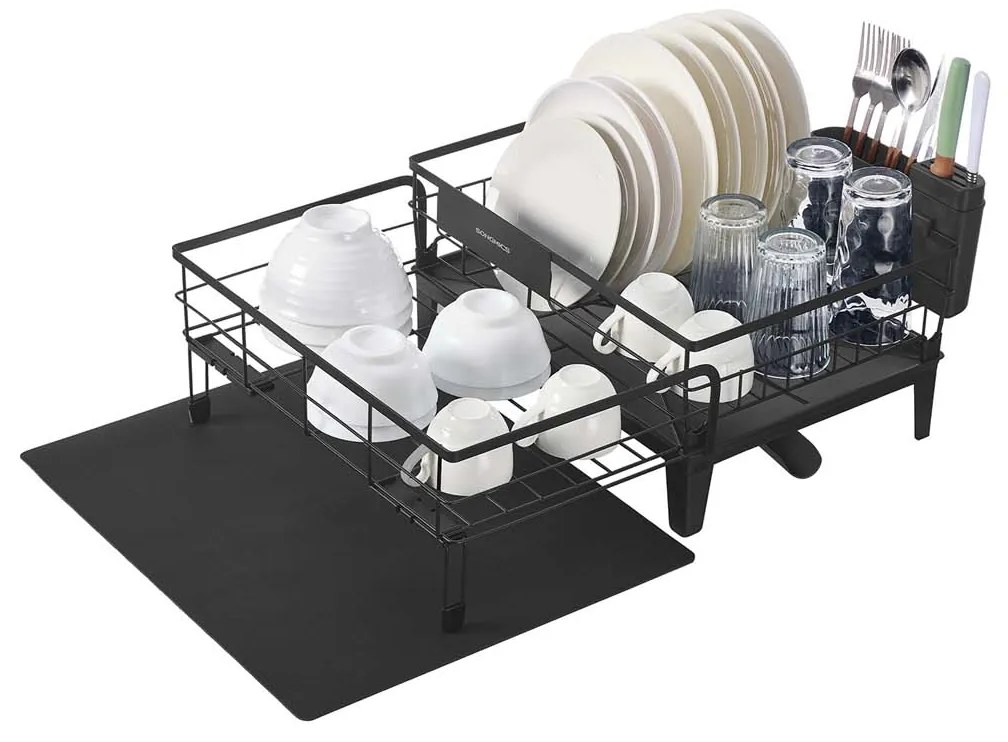 Escorredor de louça com tapete de silicone e ralo (31-56) x 42 x 20 cm preto