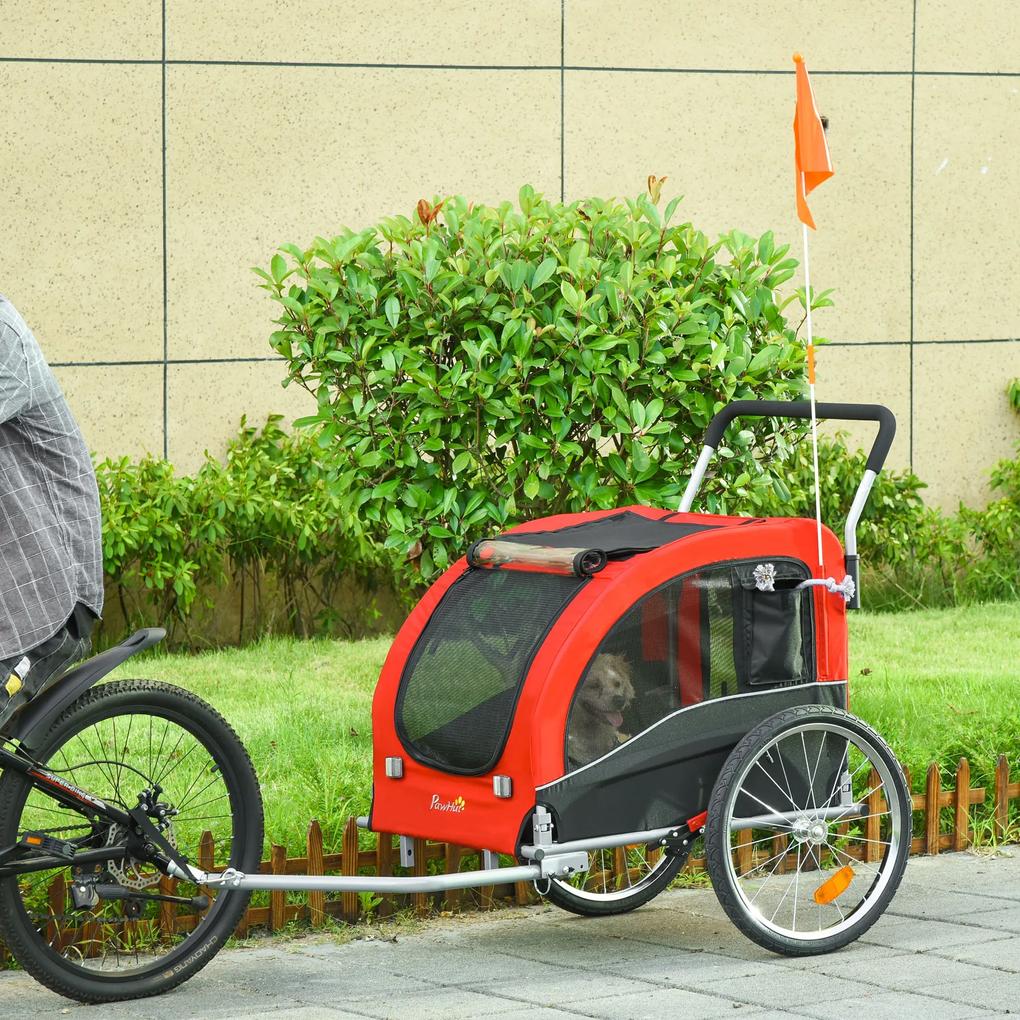 PawHut Reboque de Bicicleta para Cães Dobrável Carrinho de Transporte para Animais de Estimação com 1 Bandeira 4 Reflectores e Capa de Chuva 162x74x85cm Vermelho