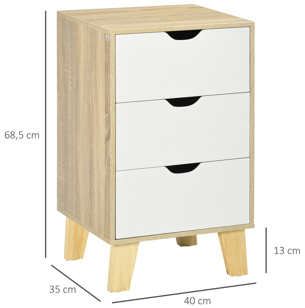 Mesa de Cabeceira com 3 Gavetas Mesa de Cabeceira para Dormitório Sala de Estar Estilo Moderno Anti-Tombo 40x35x68,5cm Madeira e Branco