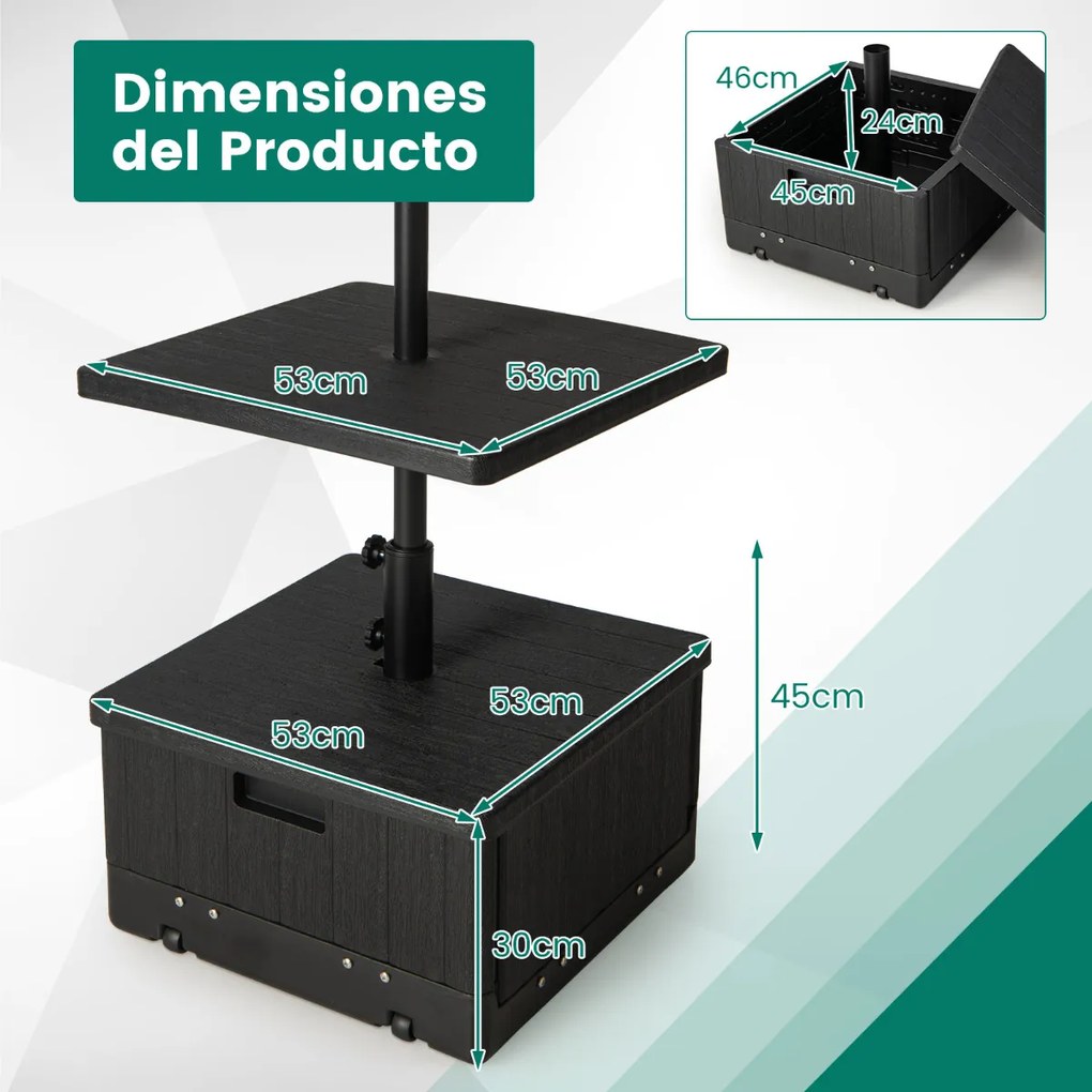 Base de guarda-sol com rodas e Tabuleiro de mesa para exterior Adequado para postes de 38/48 mm Recarregável com água 55L Areia 80kg