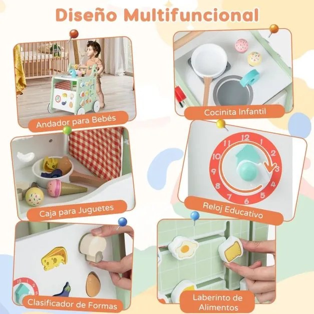 Cozinha de brincar 6 em 1 com carrinho de aprendizagem, jogo de formas, relógio educativo e rodas para bebés com mais de 12 meses, verde