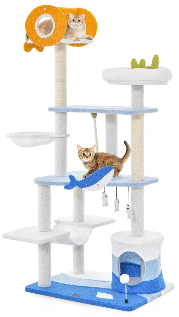Arranhador para gatos de 168 cm com vários níveis, rede com tema do oceano, postes de arranhar cobertos de sisal e brinquedos pendurados Azul