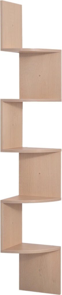 Estante de canto de parede para arrumação, em forma de ziguezague, 20 L x 20 L x 126 A cm, 5 prateleiras, madeira de carvalho claro