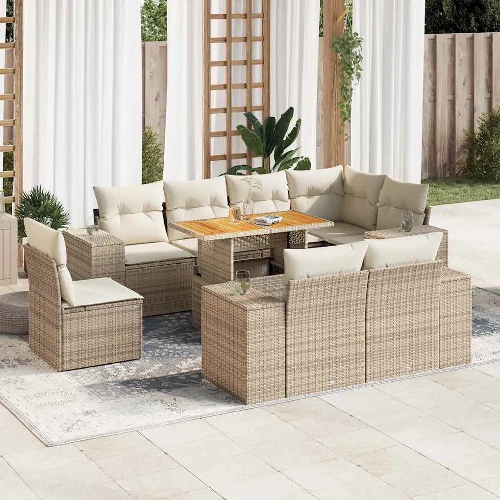 vidaXL 9 pcs conjunto de sofás p/ jardim com almofadões vime PE bege