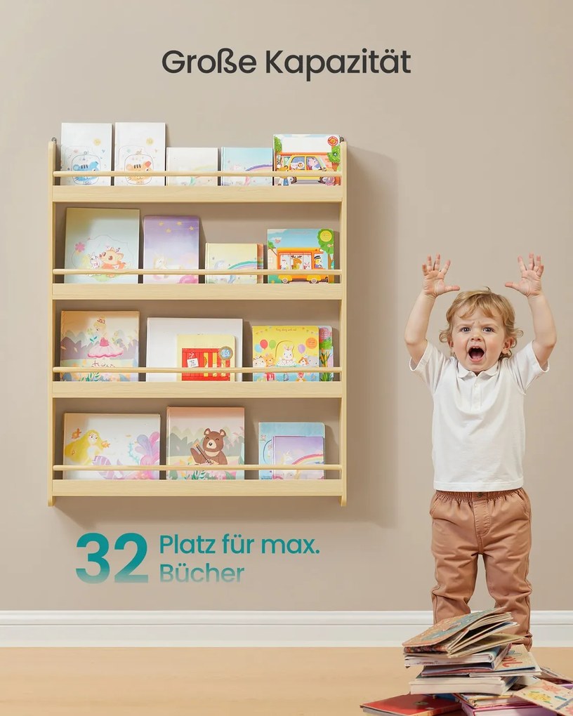 Estante infantil 12 x 80 x 100 cm com 4 níveis para quartos infantis e salas de jogos em cor natural