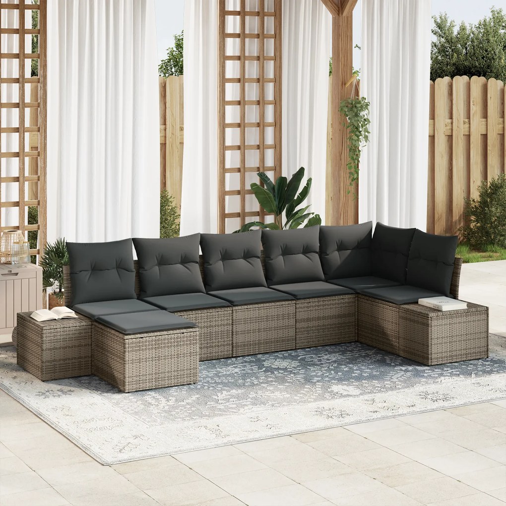 Conjunto de Sofá de 7 Peças com Almofadas Cinzento Rattan Poliéster