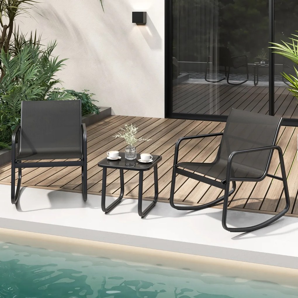 Conjunto jardim bistrô com 2 cadeiras de baloiço mesa com tampo de vidro para jardim exterior e varanda Preto