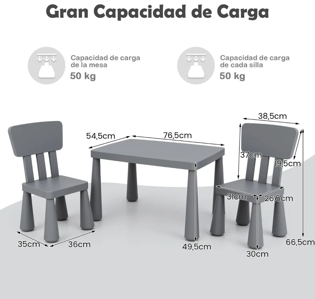 Conjunto com mesa e 2 cadeiras para crianças para comer, desenhar ou estudar 76,5 x 54,5 x 49,5 cm Cinza