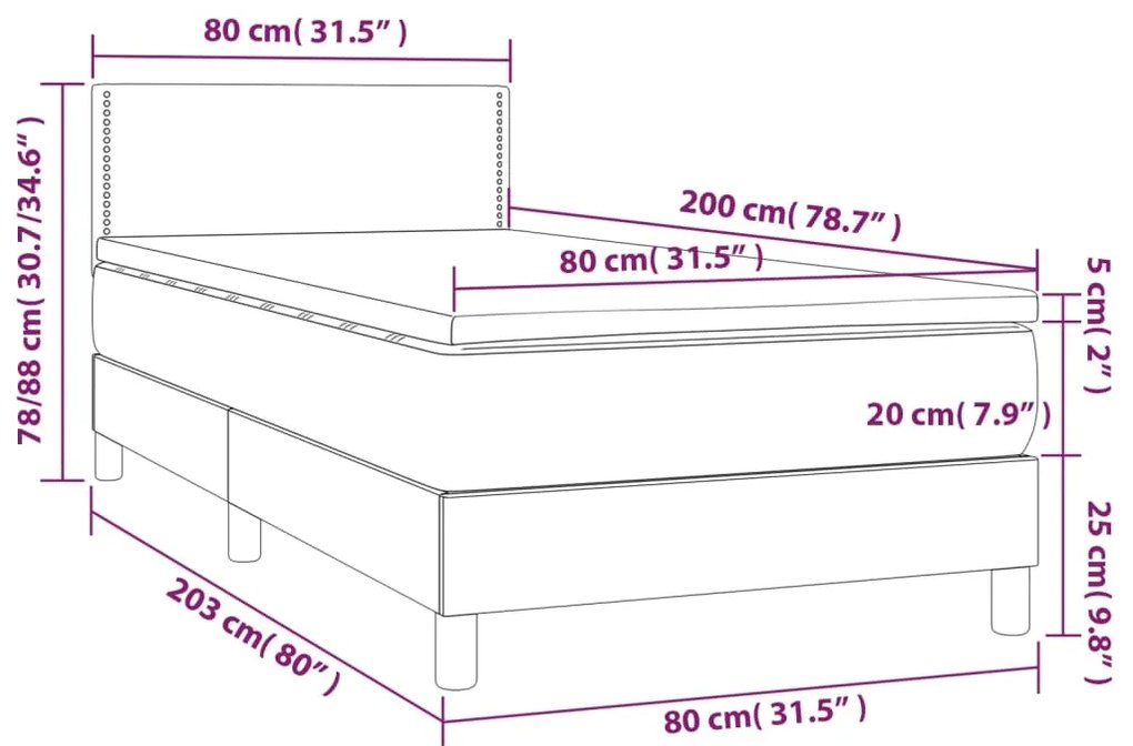 Cama box spring c/ colchão/LED 80x200 cm couro artificial cinza