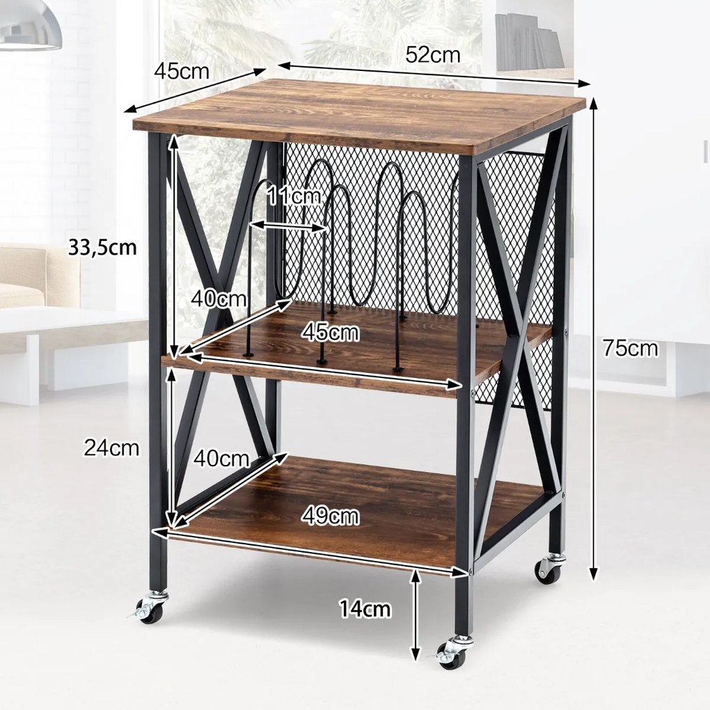 Mesa Auxiliar 3 Níveis para Discos vinil 52 x 45 x 75 cm Suporte de Armazenamento de Vinil 3 Divisórias Castanho