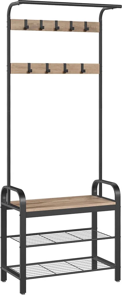 Bengaleiro hall entrada com 9 ganchos amovíveis 33,7 x 72 x 183 cm castanho camelo-preto