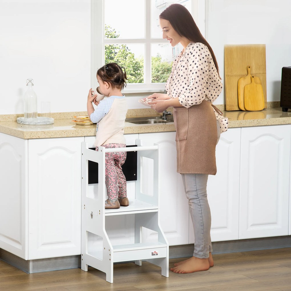 HOMCOM Torre de Aprendizagem para Crianças 3-6 Anos de Madeira Torre de Aprendizagem Infantil Convertível em Secretária com Ardósia e Barra de Segurança para Casa de Banho Cozinha 42x44x86cm Branco