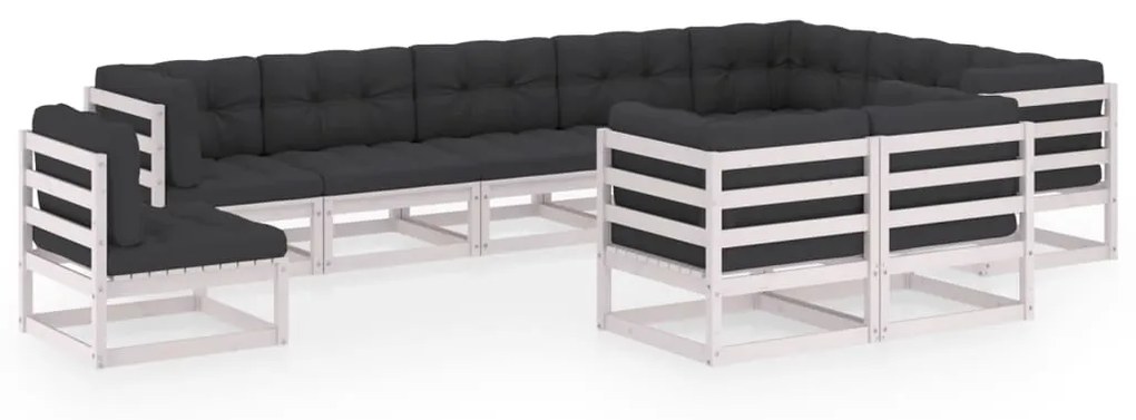 vidaXL 10 pcs conj. lounge de jardim c/ almofadões pinho maciço branco