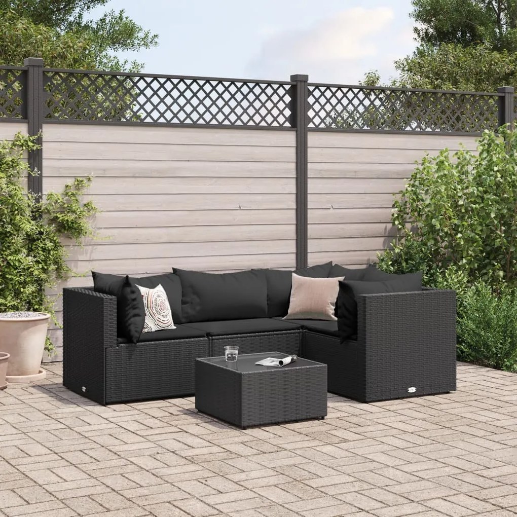 5 pcs conjunto lounge de jardim c/ almofadões vime PE preto