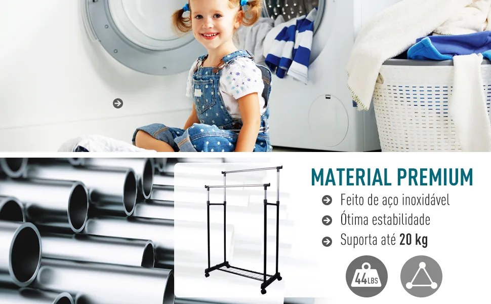 HOMCOM Charriot com Altura Ajustável Cabide com 4 Rodas para Roupa Aço Inoxidável 80x43x85-155cm Preto