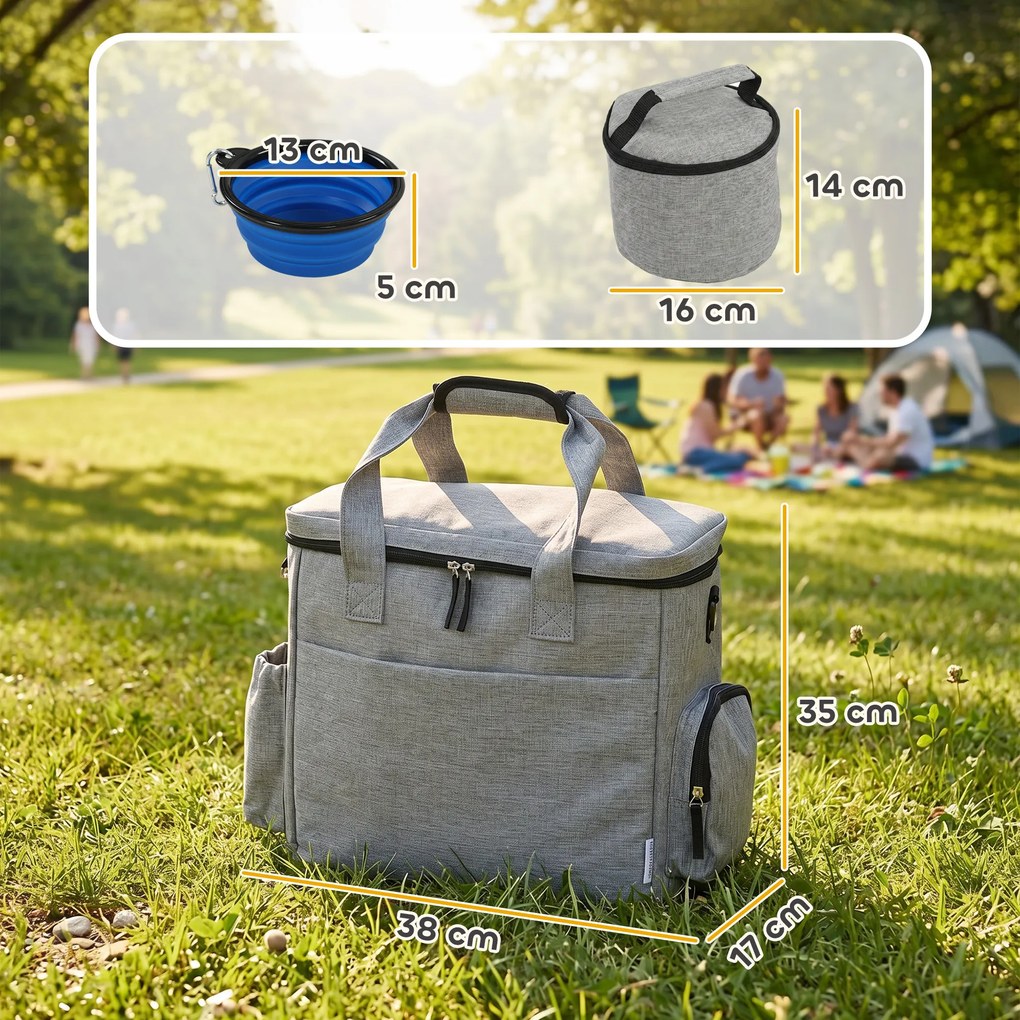 Saco de transporte para cães com bolsos, 2 sacos para ração, tigela dobrável, divisória ajustável, 38 x 17 x 35 cm, cinzento claro