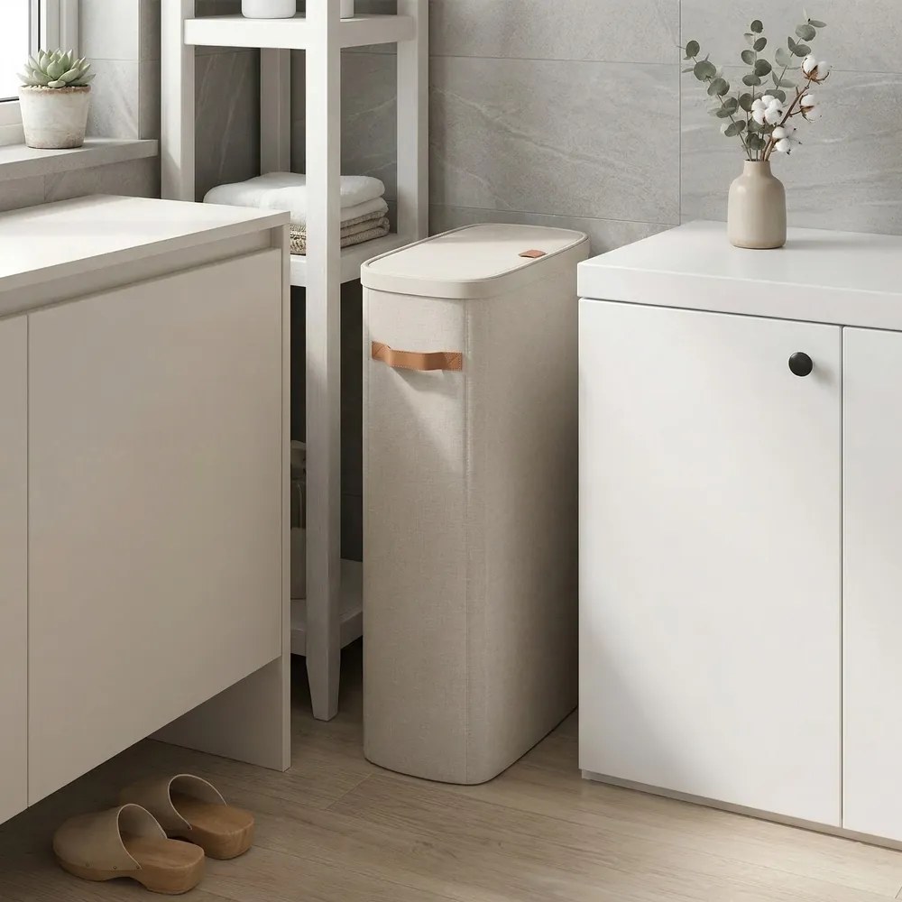Cesto da roupa suja, cesto de 65 L, cesto com tampa e pegas, 39 x 22 x 75 cm, bege