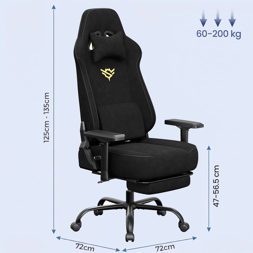 Cadeira gaming em imitação de camurça com apoio para os pés e braços 4D, até 200 kg, 72 x 72 x 125–135 cm, preta