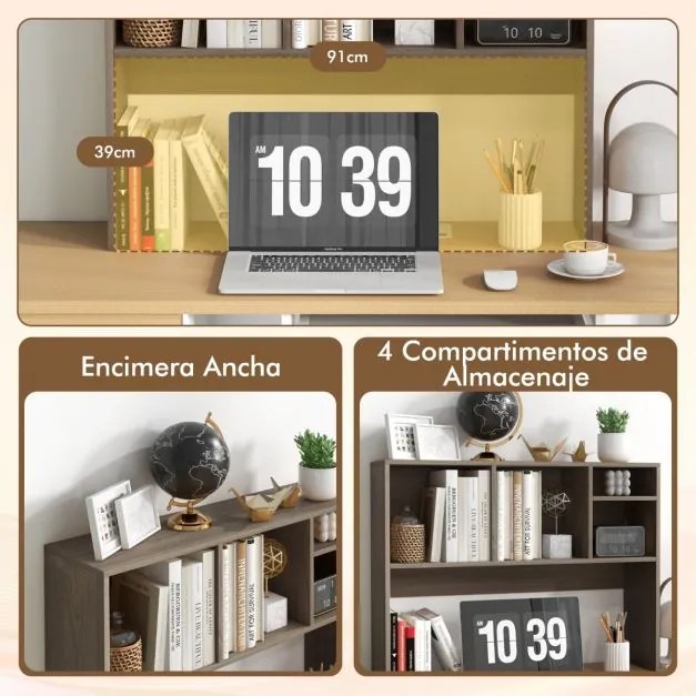 Estante organizadora de secretária 94 x 25 x 73 cm com 4 cubículos e compartimento traseiro aberto Café