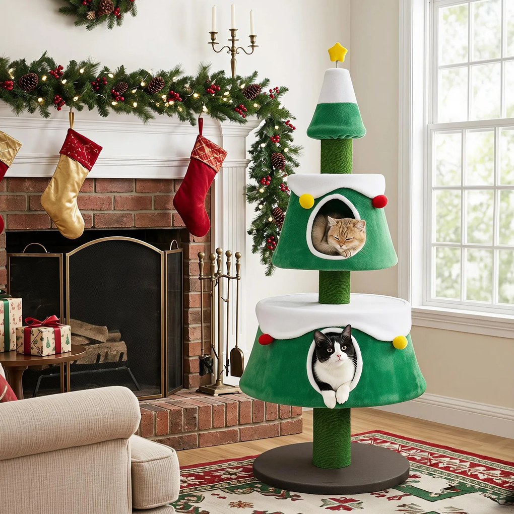 Árvore para Gatos Altura: 156, Design de Natal com Cinco Níveis, Verde