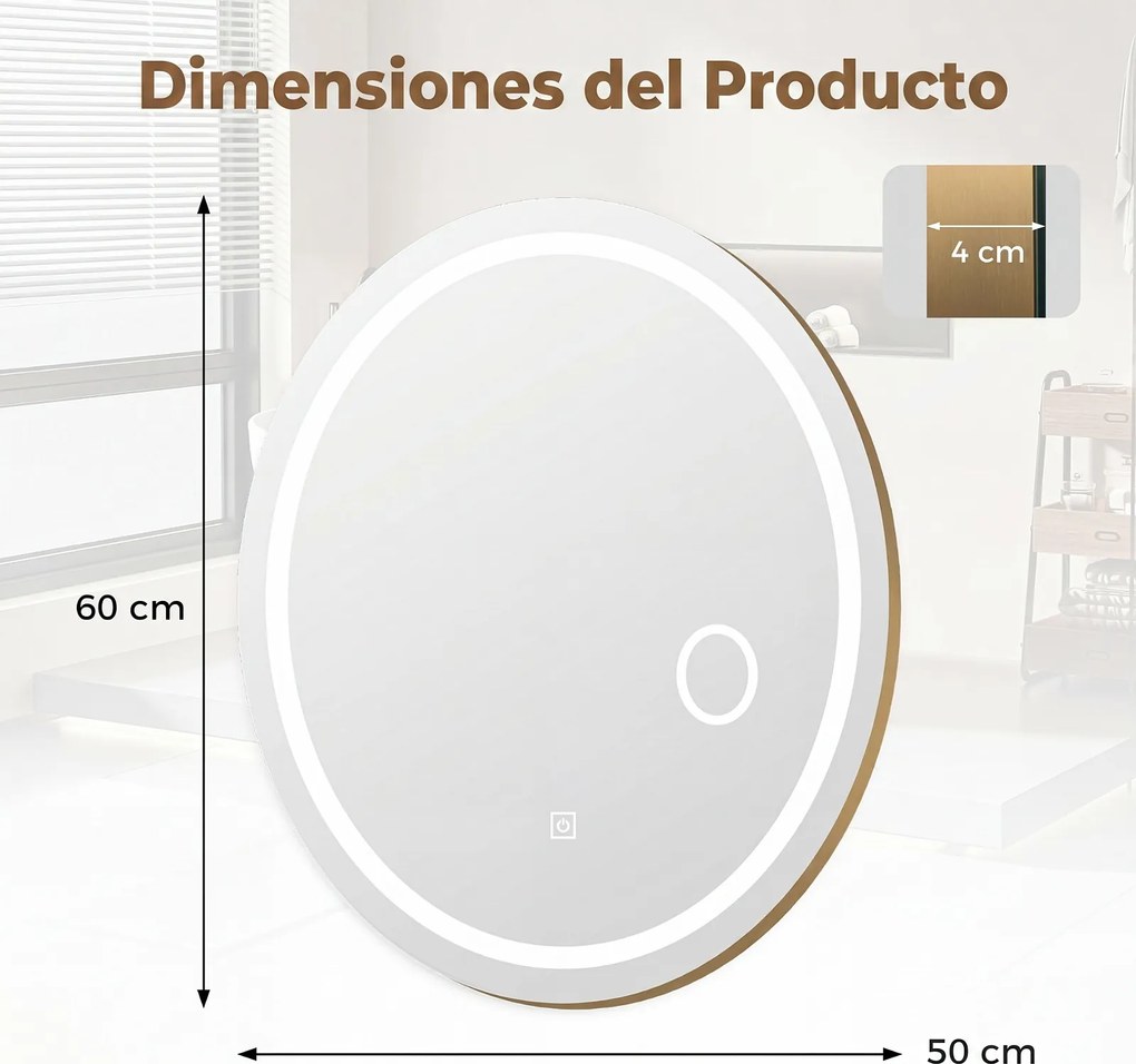 Espelho Oval de Banho, 60 x 50 x 4 cm, Iluminação LED Regulável, Cinzento prateado