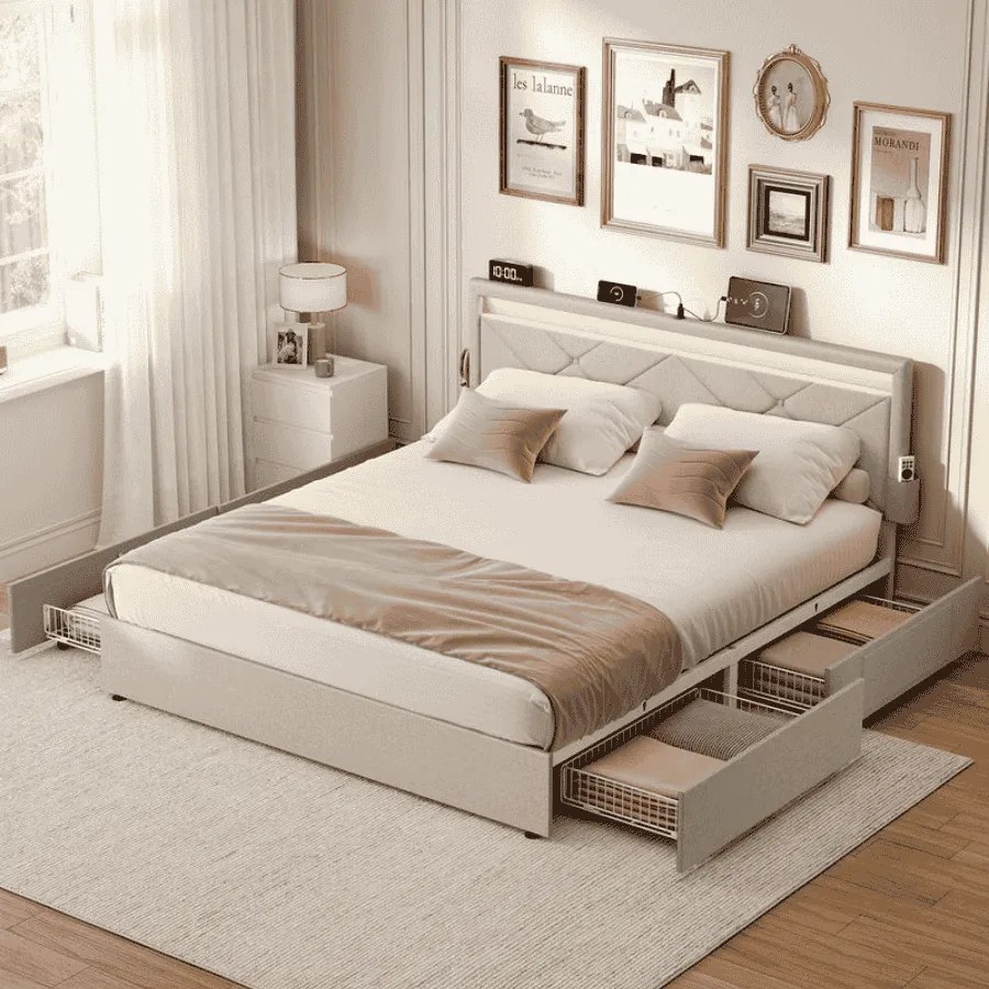 Estrutura de cama casal 140 x 200 cm (COLCHÃO NÃO INCLUIDO) em metal com iluminação LED nas gavetas e cabeceira bege cappuccino