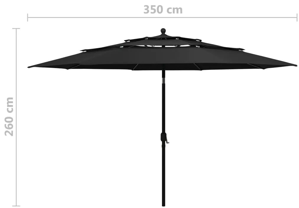 Guarda-sol de jardim 3 camadas c/ poste de alumínio 3,5 m preto