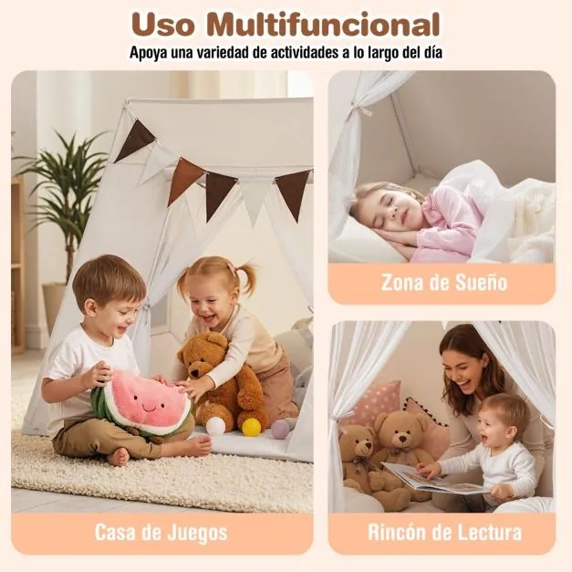 Tenda infantil 120x120x105cm com tapete lavável e bandeiras coloridas para canto de leitura para crianças a partir de 3 anos bege