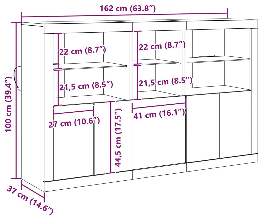 Buffet Lateral com Luzes LED Madeira Antiga 162x37x100 cm Madeira Recu