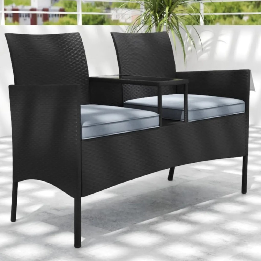 Banco de jardim com mesa integrada de rattan para 2 pessoas com almofadas macias e mesa de vidro temperado para jardim ou terraço preto e cinza