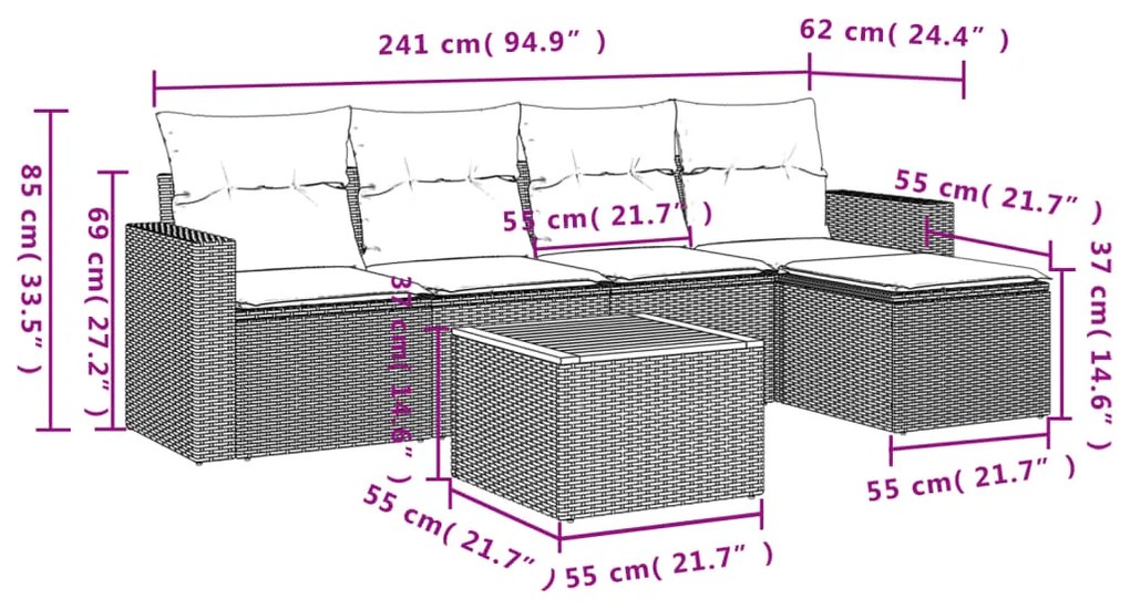 6 pcs conj. sofás jardim c/ almofadões vime PE bege misturado