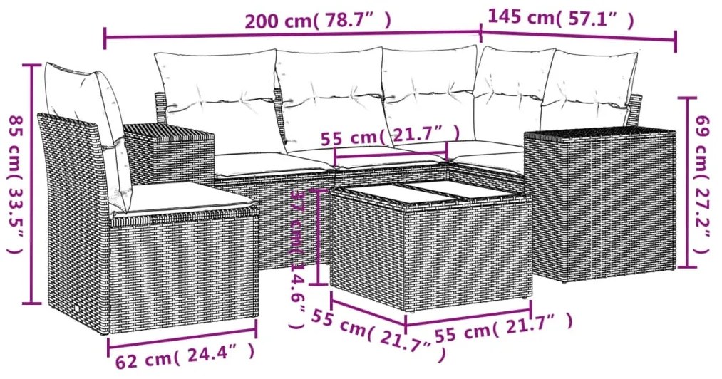 6 pcs conjunto de sofás jardim c/ almofadões vime PE castanho