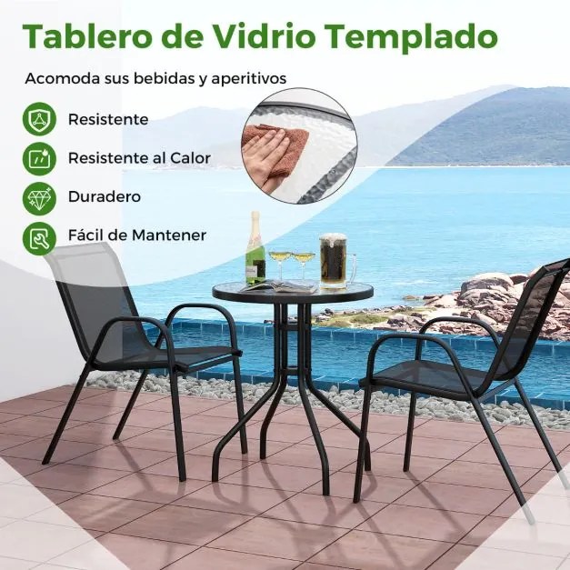 Conjunto móveis de Jardim 3 peças 2 cadeiras empilháveis 1 mesa de apoio Vidro temperado Tecido respirável Jardim Varanda Terraço Pátio Preto