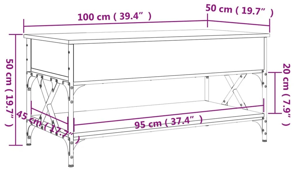 Mesa centro 100x50x50 cm deriv. madeira/metal carvalho castanho