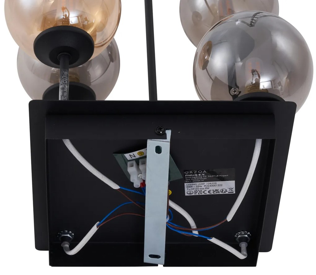 Candeeiro de Teto Moderno Preto com Âmbar e Vidro Fumê 5 Luzes - Athens