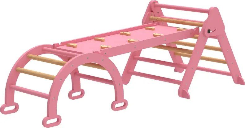 Triângulo de Escalada 7 em 1 com Arco e Rampa Escalada para Crianças de Madeira Dobrável para 18-48 Meses 188x70 cm Rosa