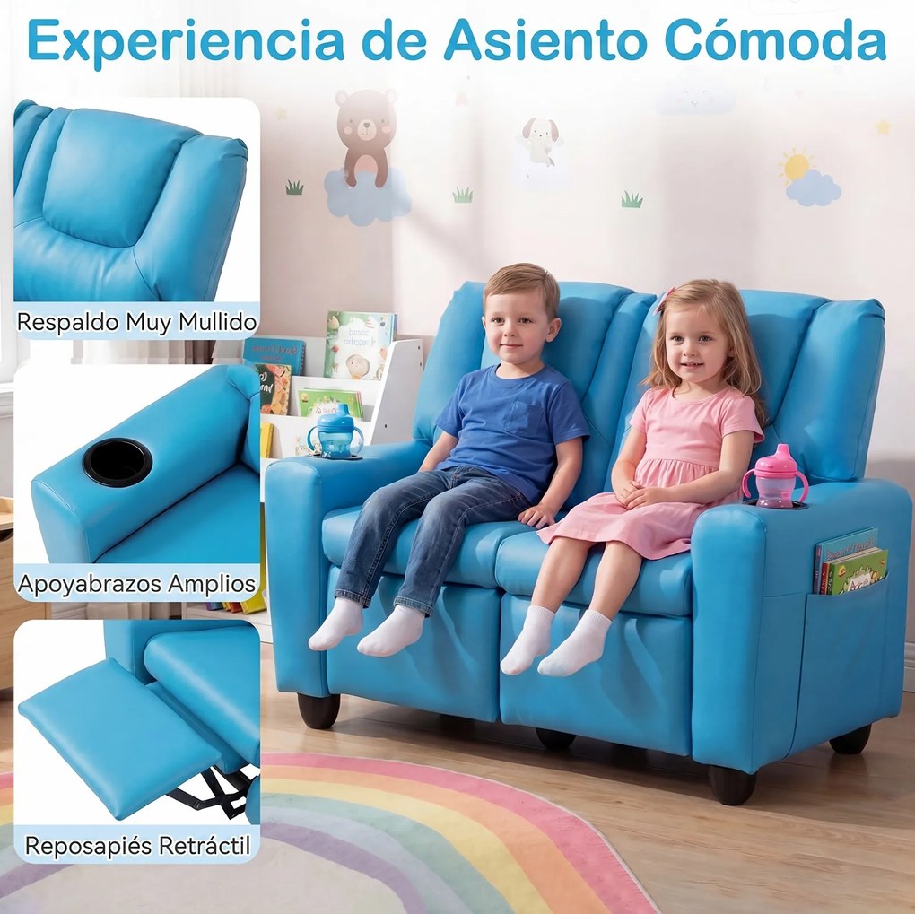 Sofá Infantil de 2 Lugares, 96 x 51,5 x 69 cm, Reclinável, Azul