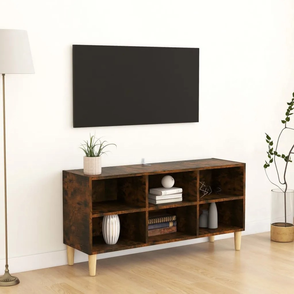 vidaXL Móvel de TV pernas madeira maciça 103,5x30x50cm carvalho fumado
