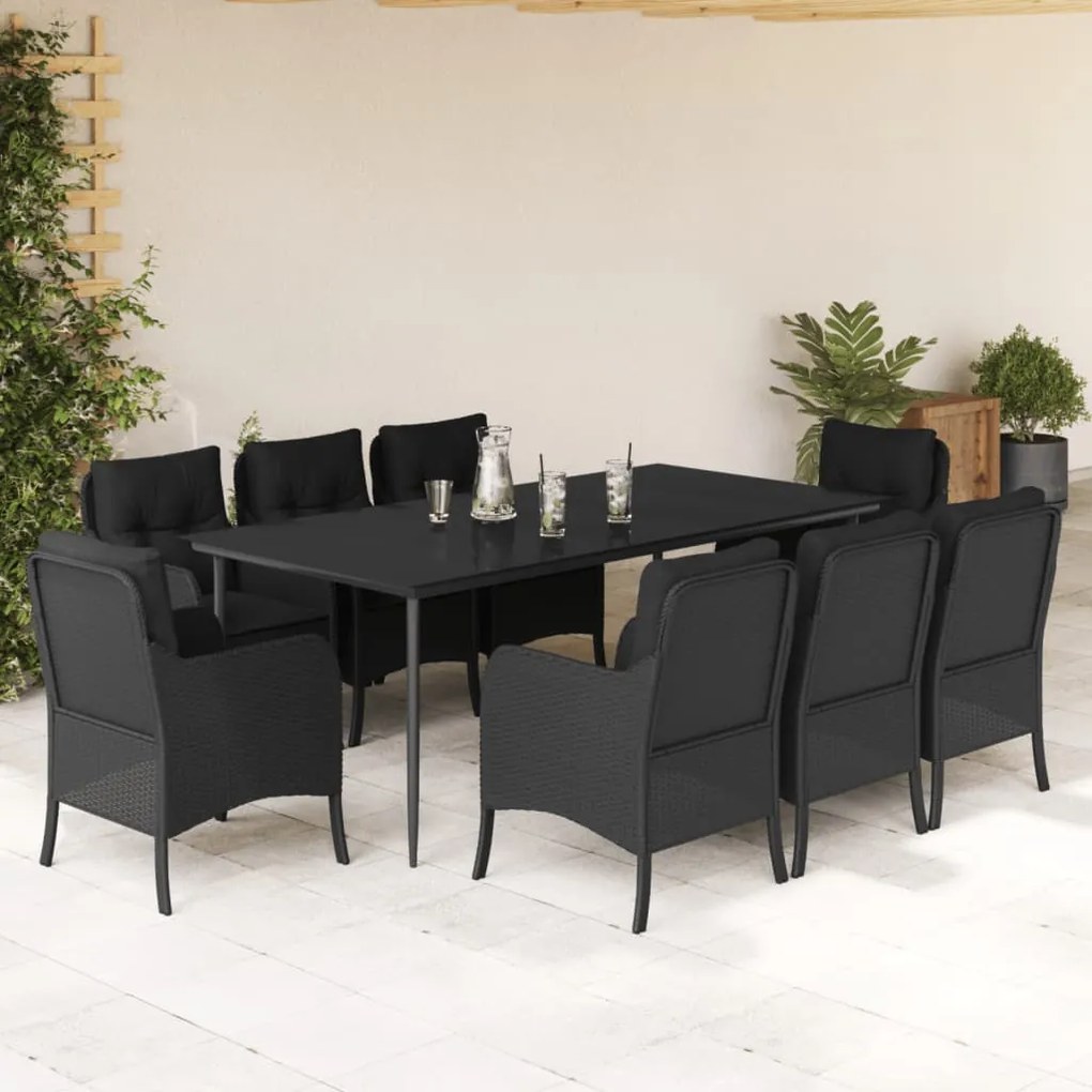 9 pcs conjunto de jantar p/ jardim c/ almofadões vime PE preto