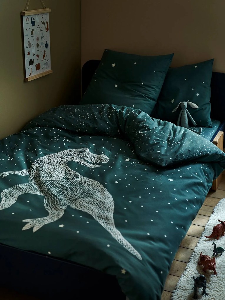 Conjunto capa de edredon + fronha de almofada com detalhes fosforescentes, Dinossauro Gráfico verde escuro liso com motivo