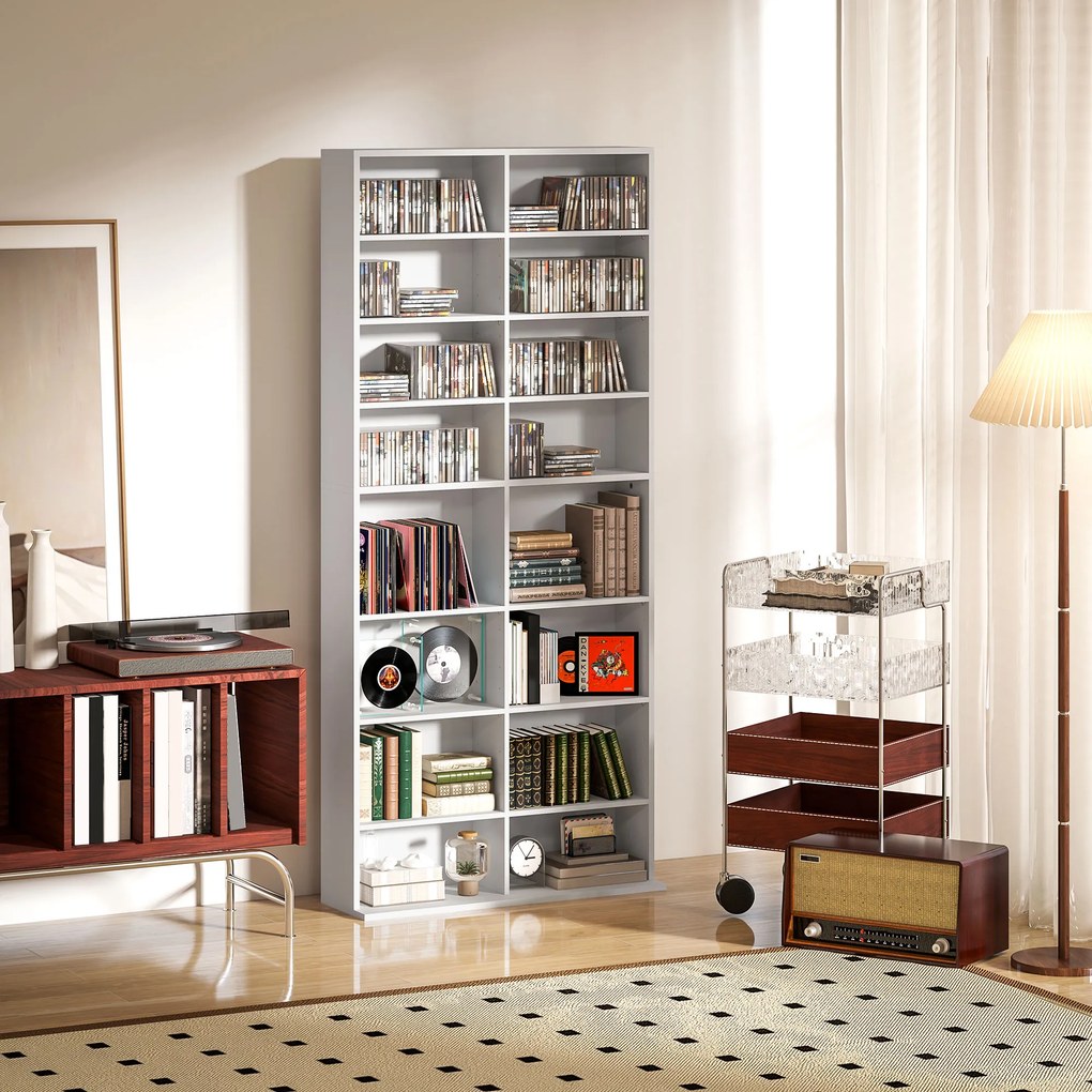 Organizador para CD e DVD com 18 compartimentos, capacidade máxima de 640 CD/360 DVD/430 Blu-ray, 78,5 x 24 x 175 cm, branco