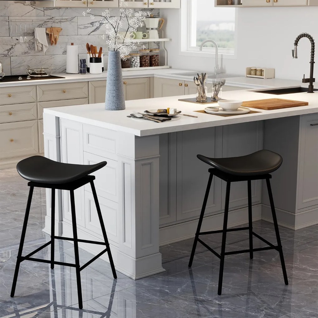 Conjunto de 2 bancos de bar 43 x 45 x 71,5 cm com assento acolchoado e curvado, apoio para os pés e sem encosto para cozinha ou sala de jantar, Preto
