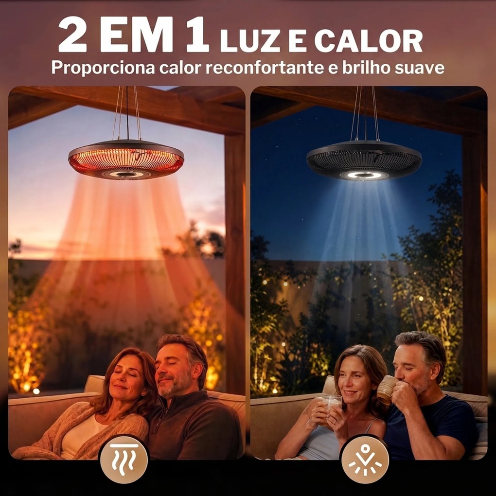 Aquecedor Elétrico Suspenso para Exterior 1000/2000 W com Luz LED IP65 Controlo Tátil/Comando Preto