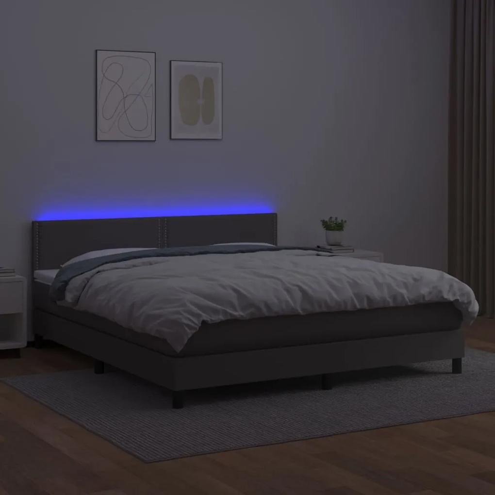 Cama box spring c/ colchão/LED 160x200cm couro artificial cinza
